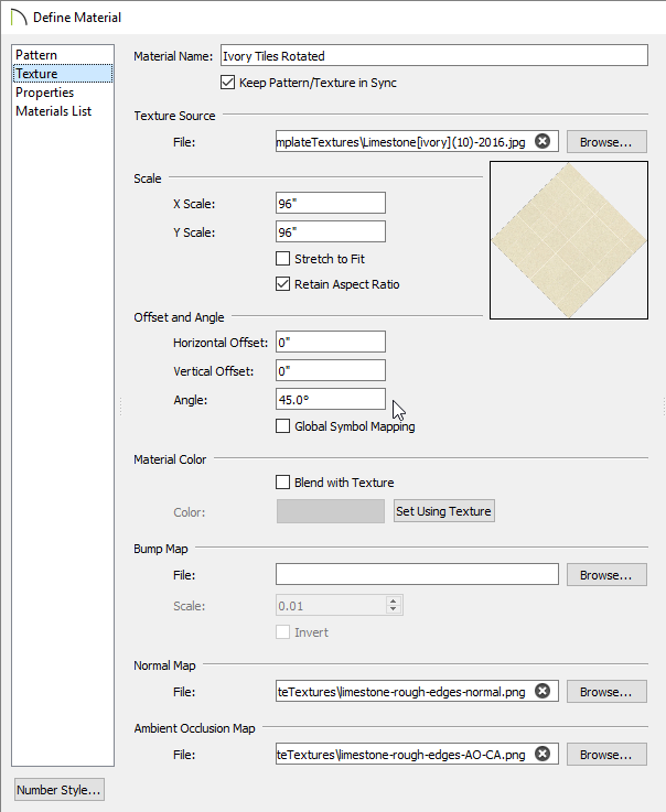 Texture panel on the Define Material dialog