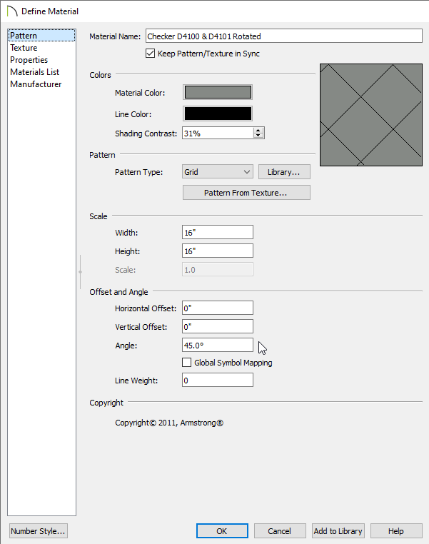 Pattern panel of the Define Material dialog