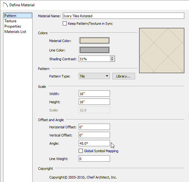 Pattern panel of the Define Material dialog