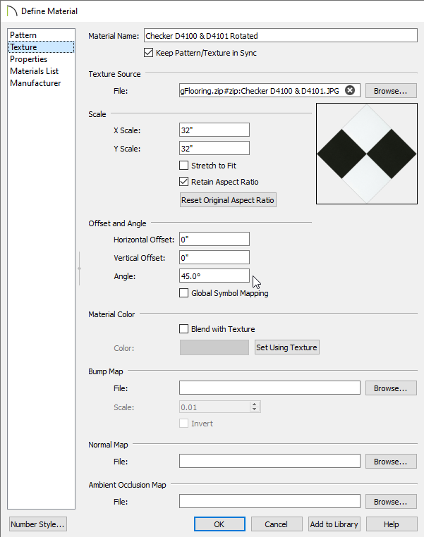 Texture panel of the Define Material dialog