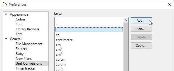 Preferences dialog opened to the Unit Conversions panel.