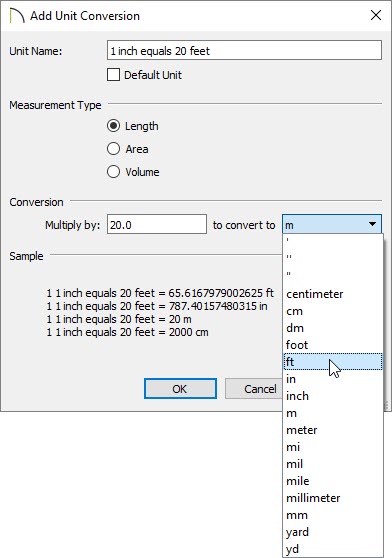 The add unit conversion dialog