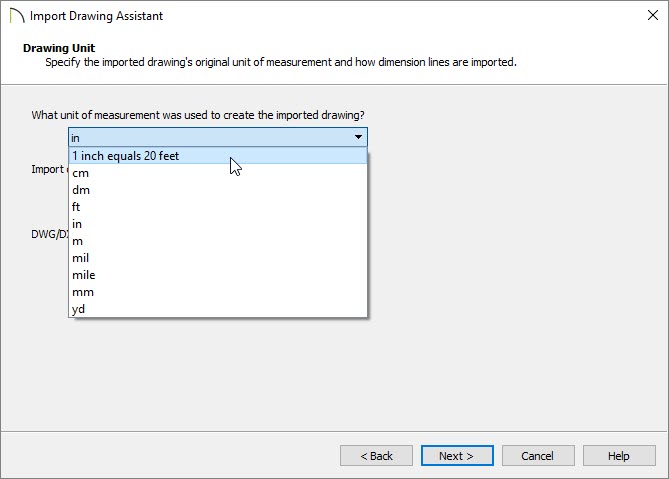 The Import Drawing Assistant with the correct unit of measure selected