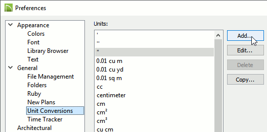 Preferences dialog opened to the Unit Conversions panel.