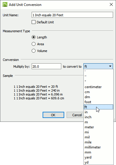 The add unit conversion dialog