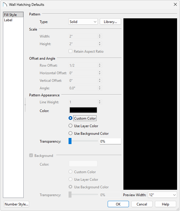 Wall Hatching Defaults dialog set up for a solid black wall hatch.