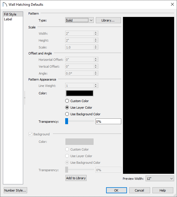 Wall Hatching Defaults dialog set up for a solid black wall hatch.