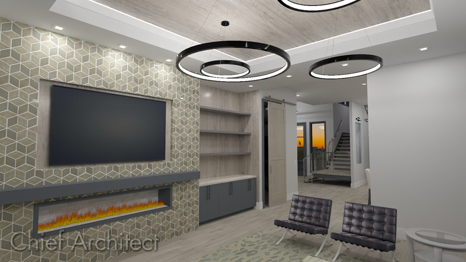 Saguaro living room with a tray ceiling and ring lighting