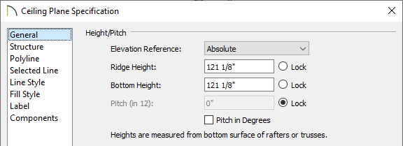 General panel of the Ceiling Plane Specification dialog