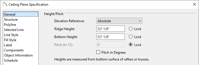 General panel of the Ceiling Plane Specification dialog