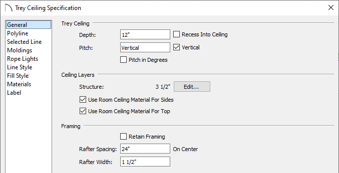 Tray Ceiling Specification dialog where tray settings can be set