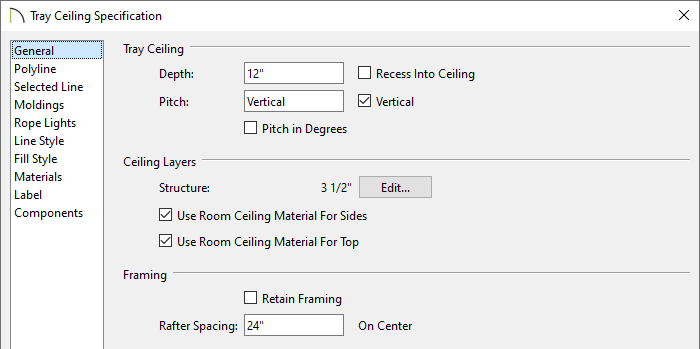 Tray Ceiling Specification dialog where tray settings can be set