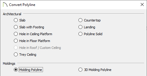 Convert Polyline dialog with the Molding Polyline option selected