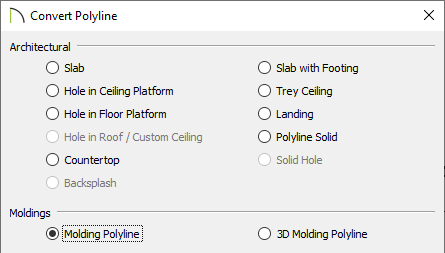 Convert Polyline dialog with the Molding Polyline option selected