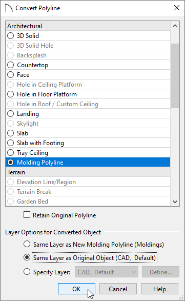 Convert Polyline dialog with the Molding Polyline option selected