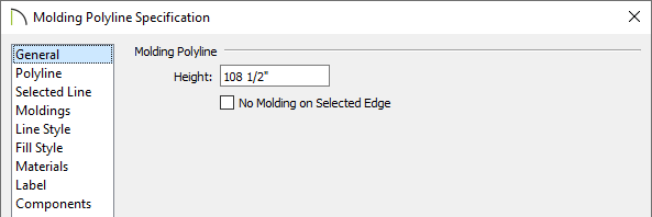 General panel of the Molding Polyline Specification dialog