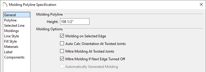 General panel of the Molding Polyline Specification dialog