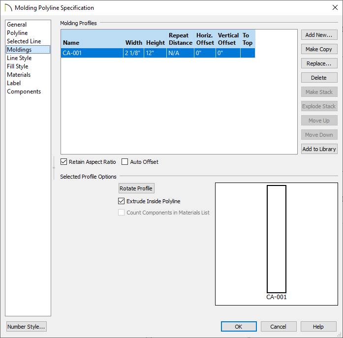 Moldings panel of the Molding Polyline Specification dialog