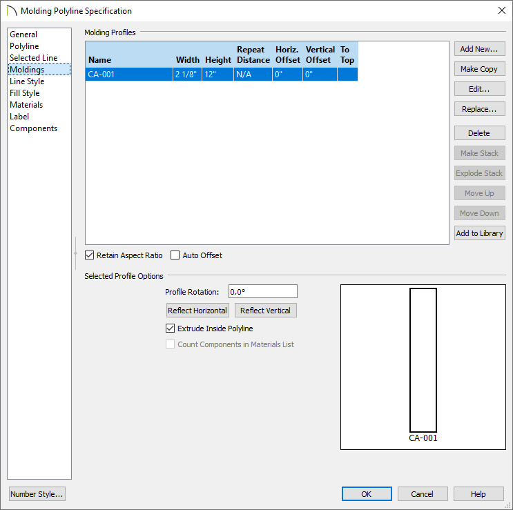 Moldings panel of the Molding Polyline Specification dialog