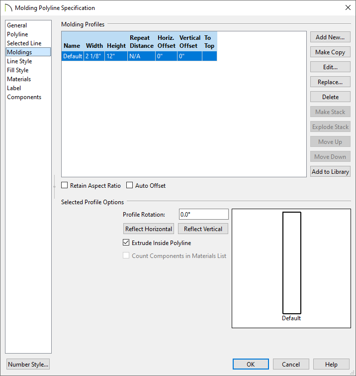 Moldings panel of the Molding Polyline Specification dialog
