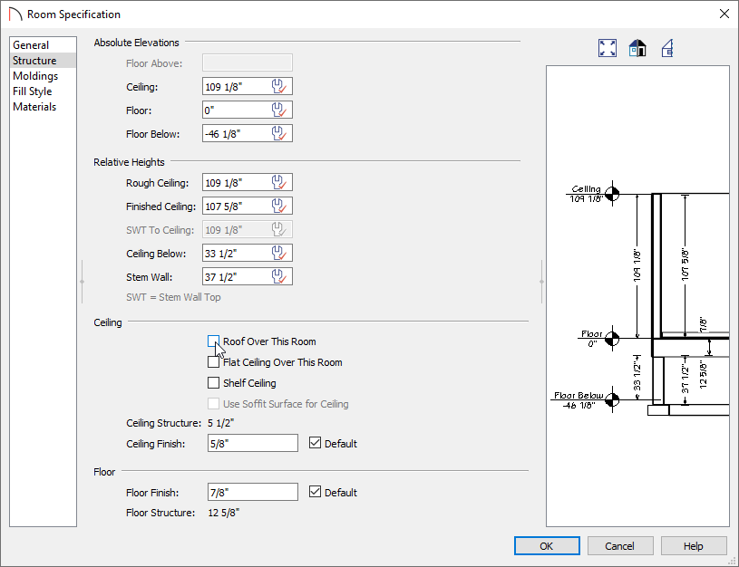 Turning off Roof Over This Room in the Structure panel of the Room Specification dialog