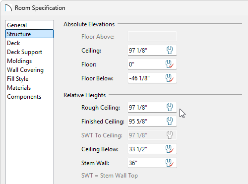 Structure panel of the Room Specification dialog