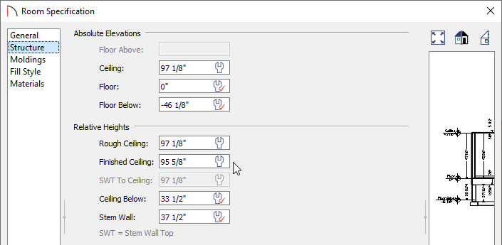 Structure panel of the Room Specification dialog