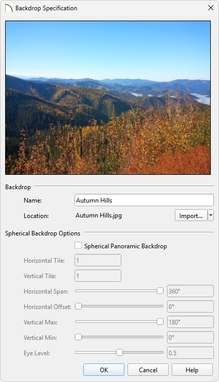 In the Backdrop Specification you can name your backdrop or change the spherical backdrop settings.