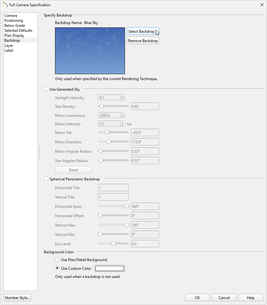 In the camera specification you can specify your backdrop on the Backdrop panel.