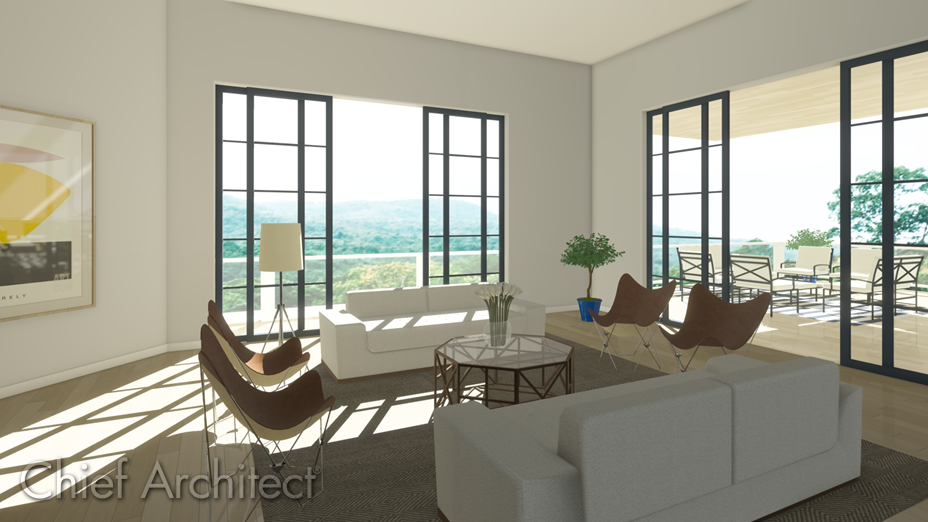 Living room with sliding glass doors leading to a deck