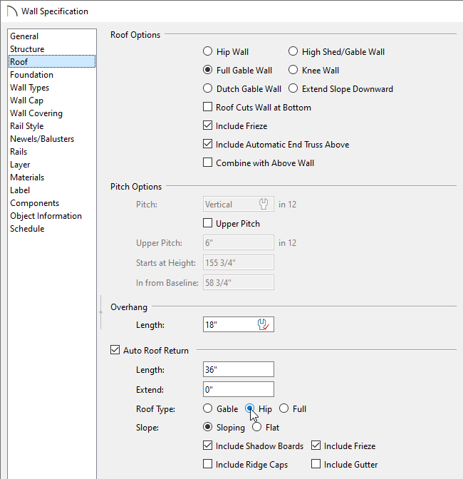 Roof panel of the Wall Specification dialog where Auto Roof Return can be checked