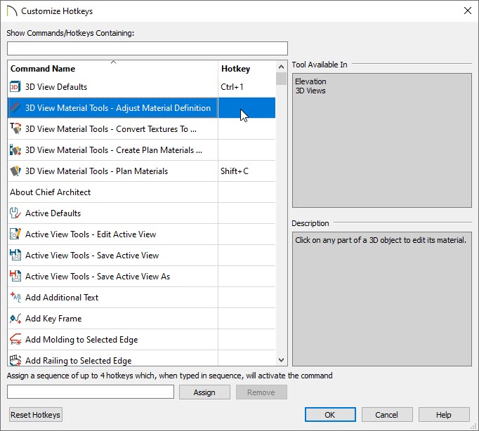 Select the Command Name to change the hotkey and get more information about that tool.
