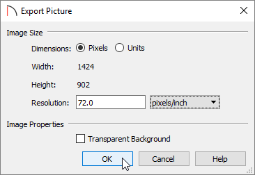 Export Picture dialog where dimensions are shown, and a resolution can be set