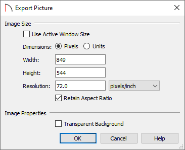 Export picture dialog for camera views