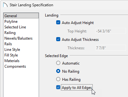 Stair Landing Specification dialog