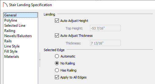 Stair Landing Specification dialog