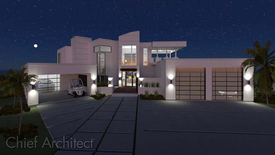 Exterior nighttime scene of the Trousdale sample plan Building at night with exterior lighting