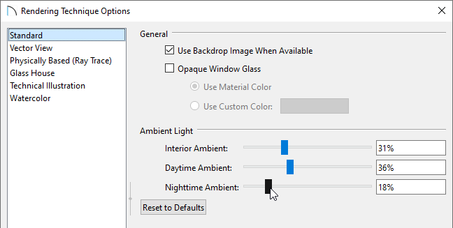 Standard panel of the Rendering Technique Options dialog