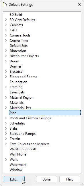 Default Settings with Plan selected