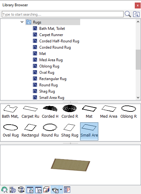 Choosing a rug to place on the floor plan from the library browser