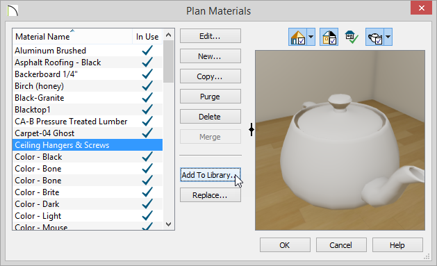 Plan Materials Plan Materials dialog with Ceiling Hangers and Screws highlighted and Add To Library button selected
