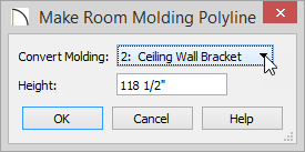 Make Room Molding Polyline Make Room Molding Polyline dialog with Ceiling Wall Bracket selected and a Height of 118 1/2 inches entered