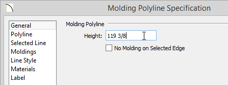 Molding Polyline Specification Molding Polyline Specification dialog with 119 3/8 inches entered for the Height