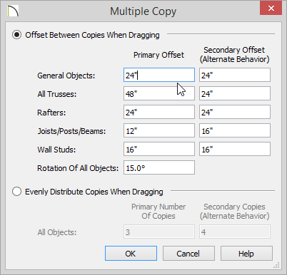 Multiple Copy Multiple Copy dialog showing 24 inches for General Objects Primary Offset