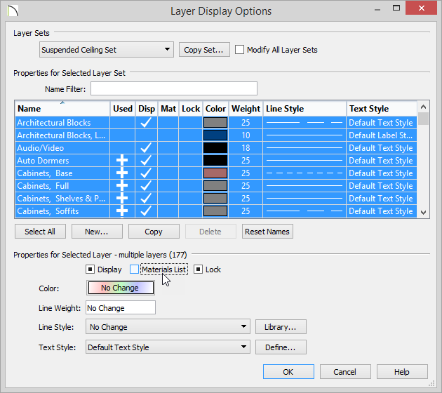 Layer Display Options Layer Display Options with all layers selected and Materials List box cleared
