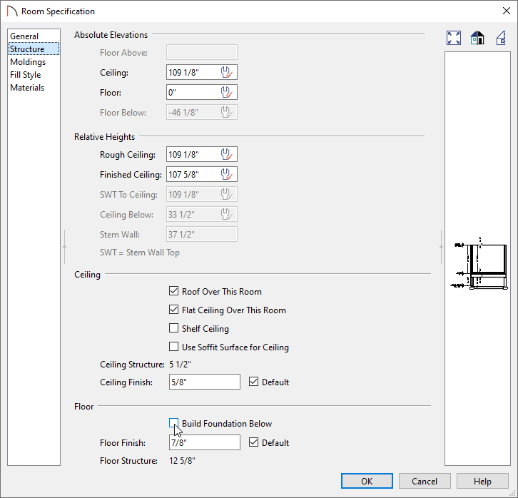 Build Foundation Below setting located on the Structure panel of the Room Specification dialog