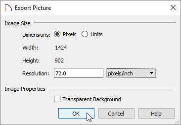 Export Picture dialog where the image size is shown and the resolution can be specified