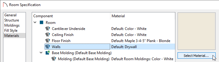 Select Material for a Component of a Room