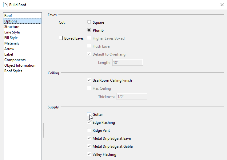 Options panel of the Build Roof dialog