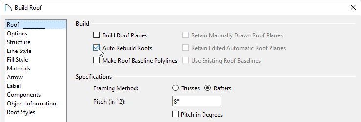 Roof panel of the Build Roof dialog